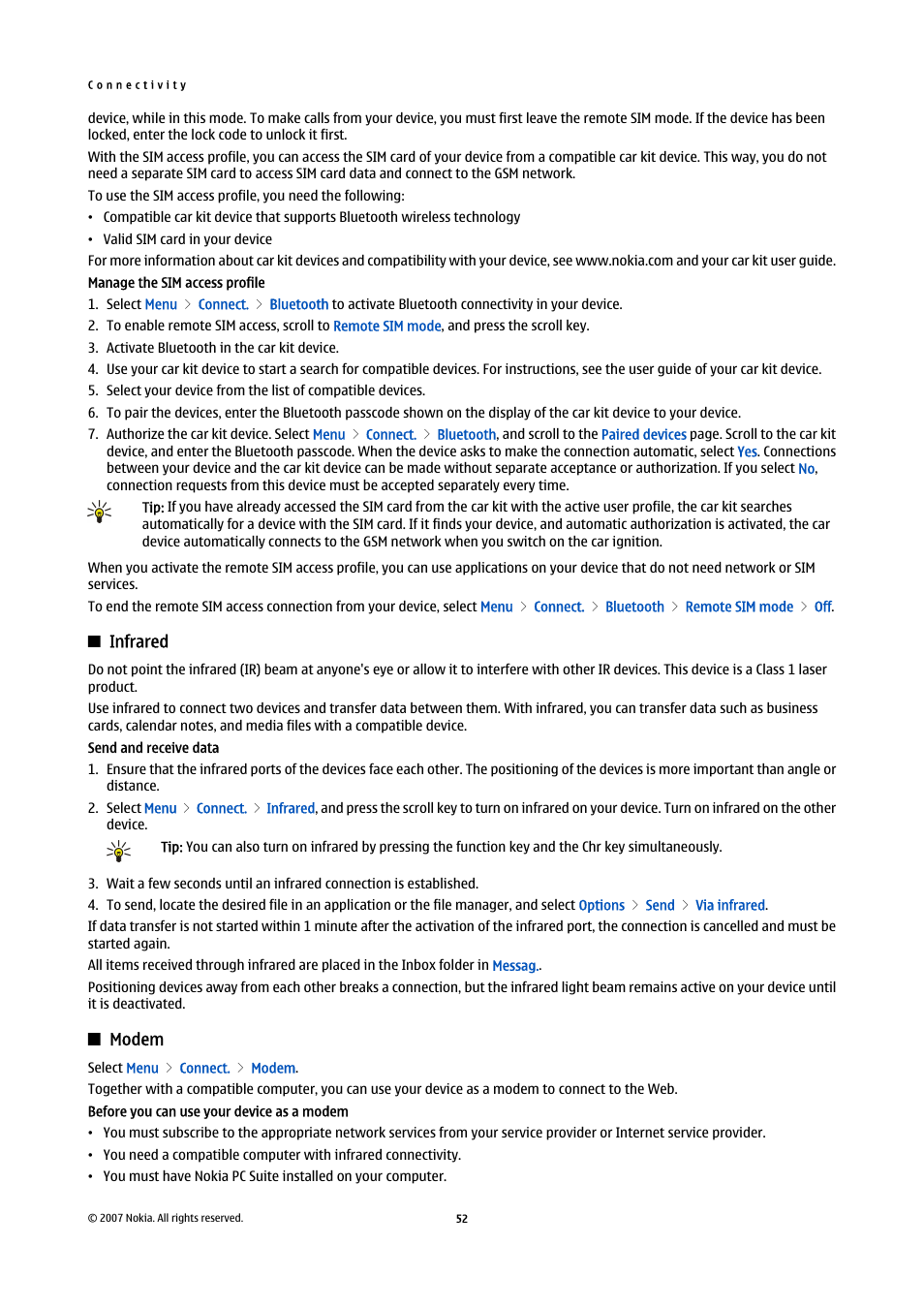 Infrared, Modem, Connect the two devices | See "infrared," p. 52 | Nokia E61i User Manual | Page 84 / 241