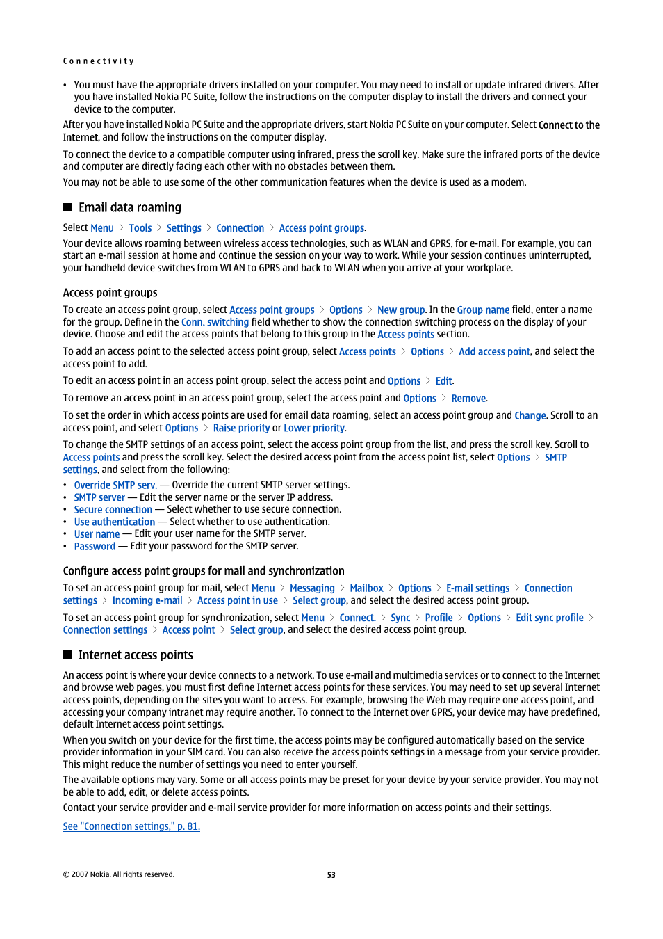 Email data roaming, Access point groups, Internet access points | Configure access point groups for mail and, Synchronization | Nokia E61i User Manual | Page 85 / 241