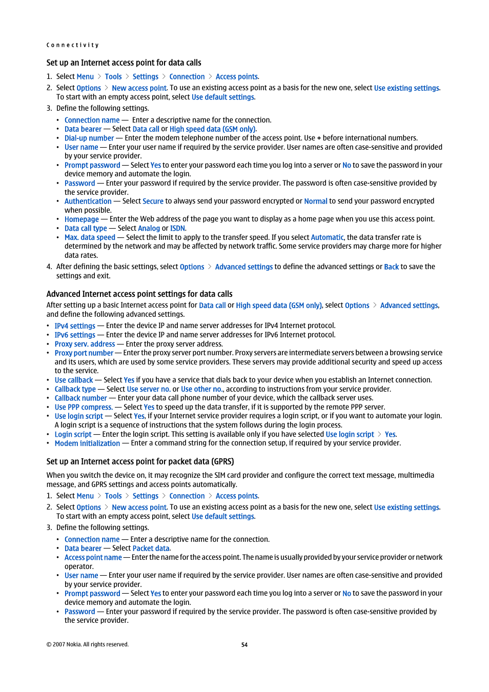 Set up an internet access point for data calls | Nokia E61i User Manual | Page 86 / 241