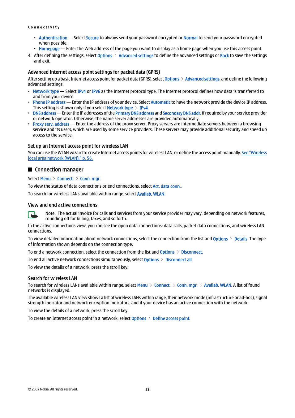 Set up an internet access point for wireless lan, Connection manager, View and end active connections | Search for wireless lan, Gprs) | Nokia E61i User Manual | Page 87 / 241