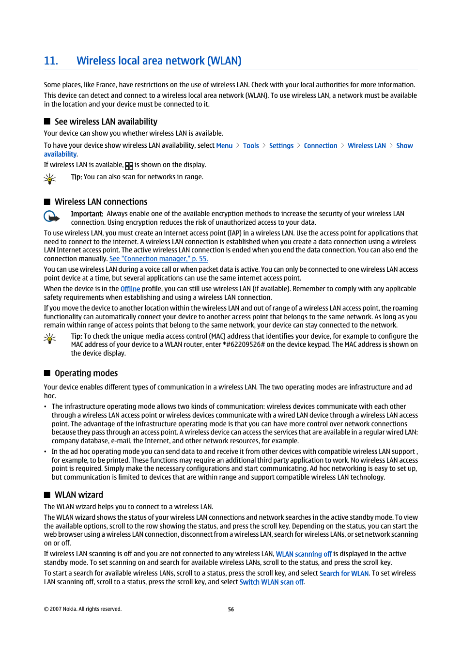 Wireless local area network (wlan), See wireless lan availability, Wireless lan connections | Operating modes, Wlan wizard | Nokia E61i User Manual | Page 88 / 241