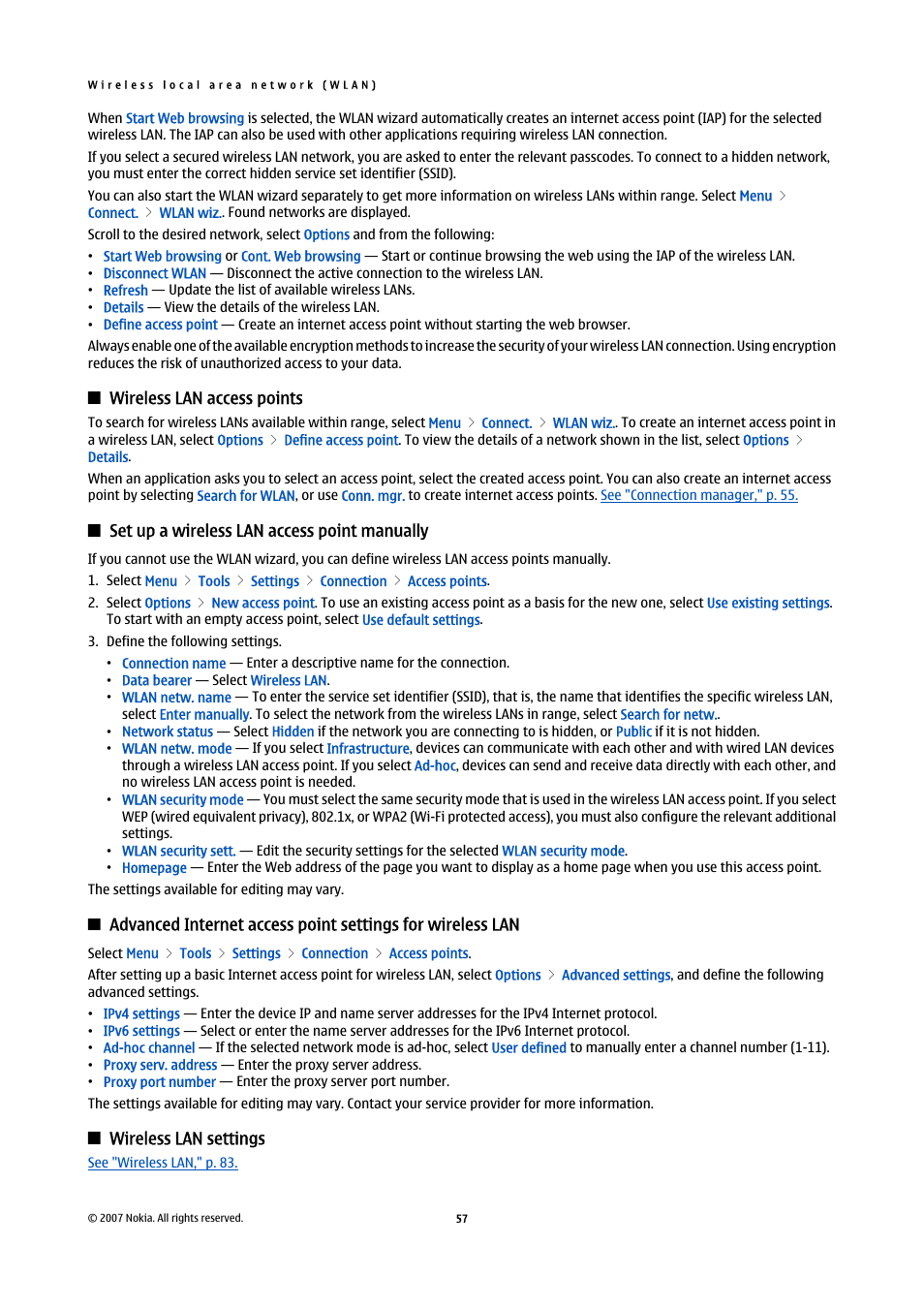 Wireless lan access points, Set up a wireless lan access point manually, Wireless lan settings | Nokia E61i User Manual | Page 89 / 241