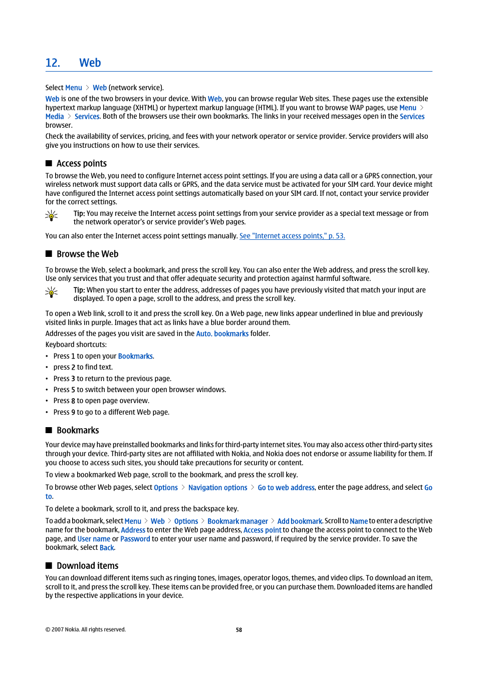 Access points, Browse the web, Bookmarks | Download items | Nokia E61i User Manual | Page 90 / 241