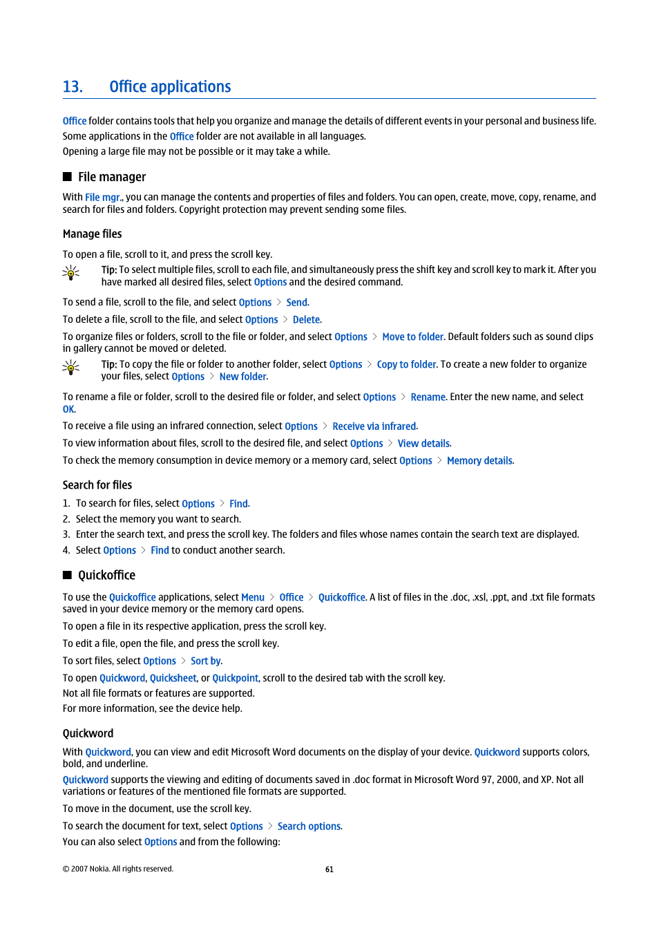 Office applications, File manager, Manage files | Search for files, Quickoffice, Quickword | Nokia E61i User Manual | Page 93 / 241