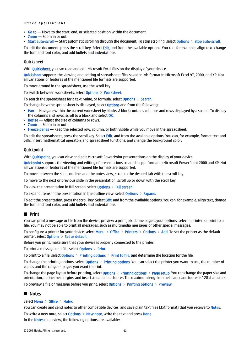 Quicksheet, Quickpoint, Print | Notes | Nokia E61i User Manual | Page 94 / 241