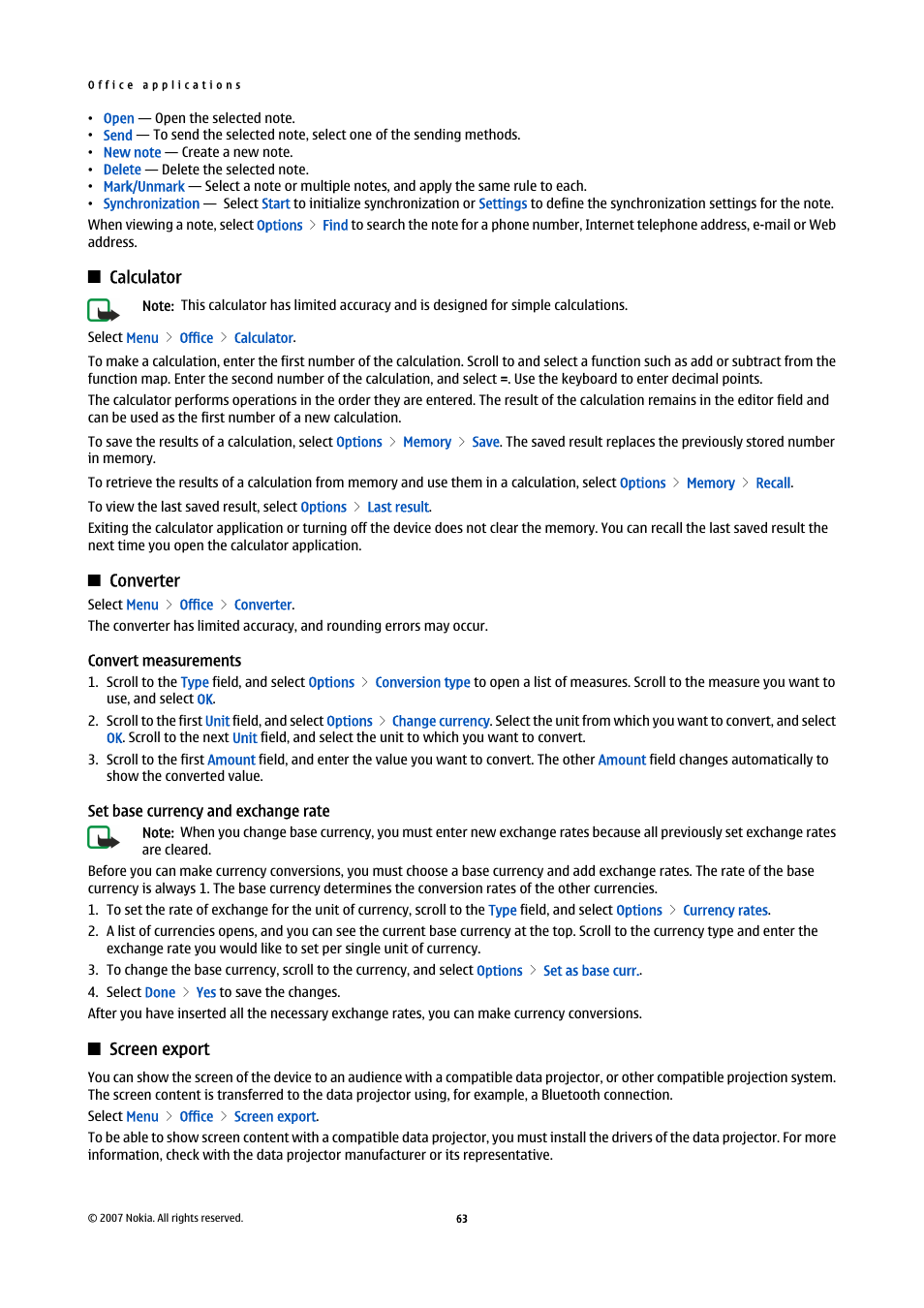 Calculator, Converter, Convert measurements | Set base currency and exchange rate, Screen export | Nokia E61i User Manual | Page 95 / 241