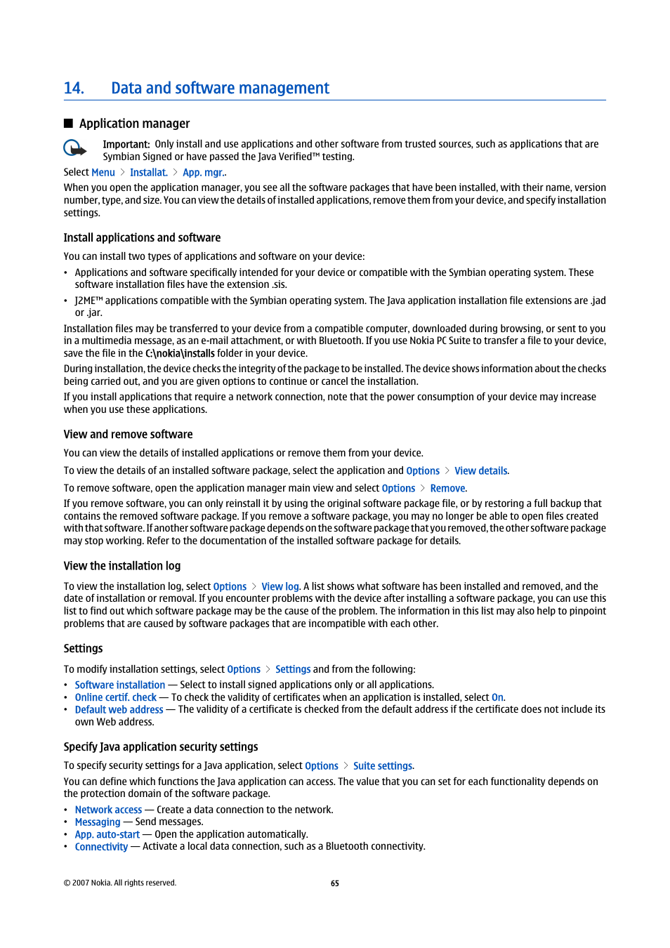 Data and software management, Application manager, Install applications and software | View and remove software, View the installation log, Settings, Specify java application security settings | Nokia E61i User Manual | Page 97 / 241