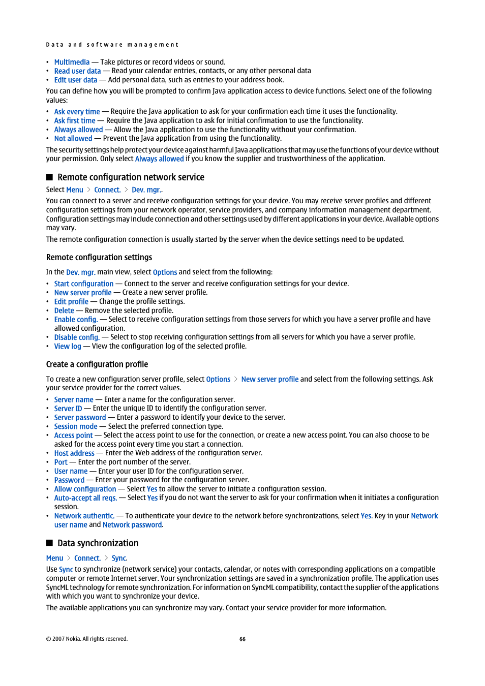 Remote configuration network service, Remote configuration settings, Create a configuration profile | Data synchronization | Nokia E61i User Manual | Page 98 / 241