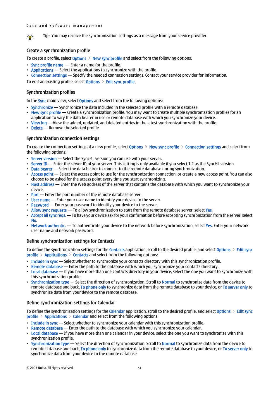 Create a synchronization profile, Synchronization profiles, Synchronization connection settings | Define synchronization settings for contacts, Define synchronization settings for calendar | Nokia E61i User Manual | Page 99 / 241