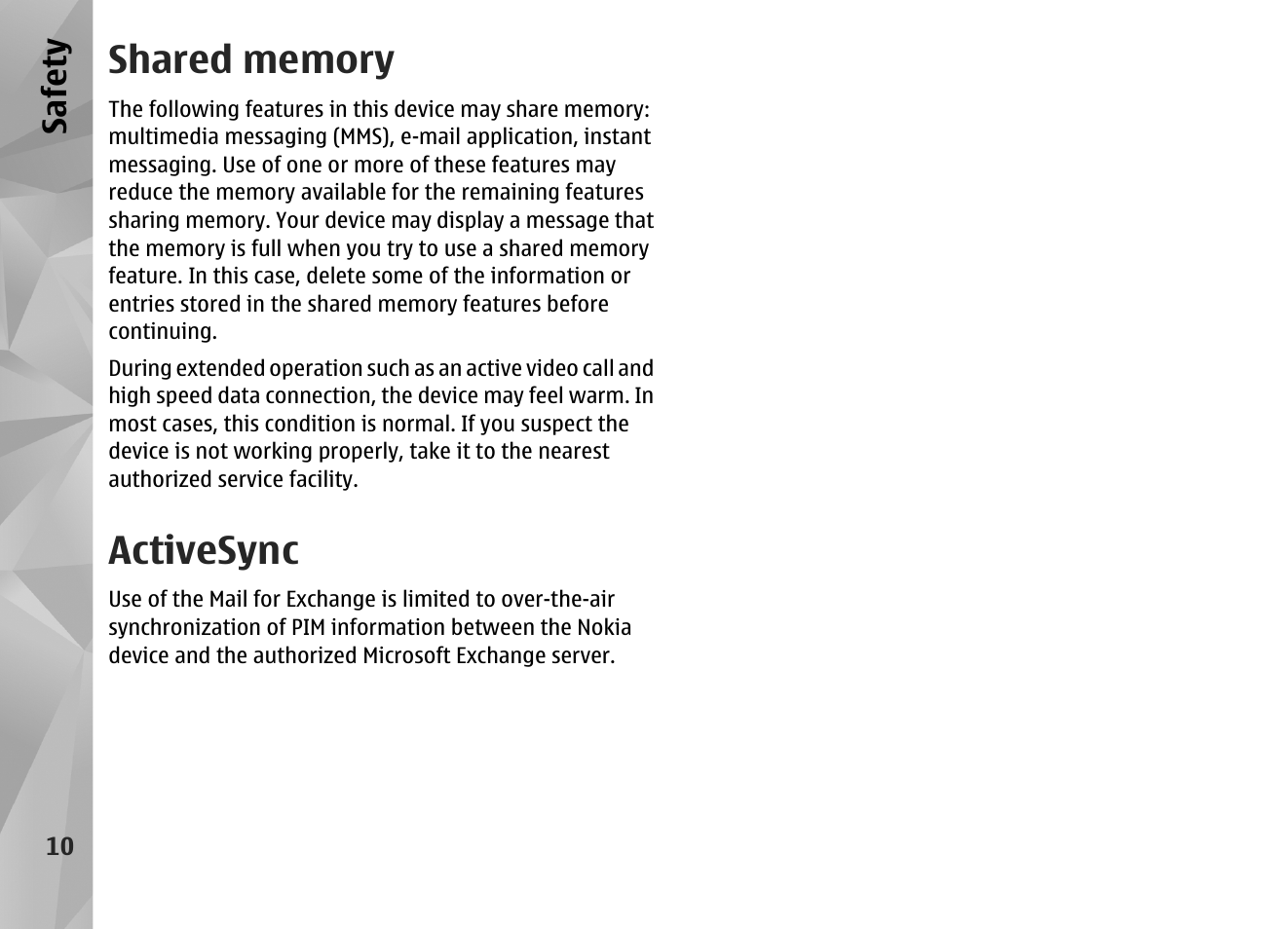 Shared memory, Activesync, Safet y | Nokia N97 User Manual | Page 10 / 357