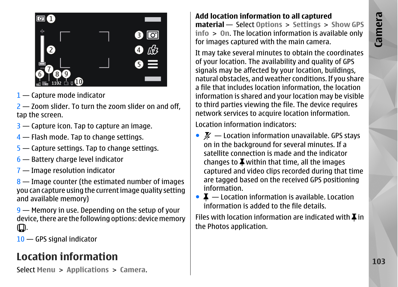 Location information, Ca mera | Nokia N97 User Manual | Page 103 / 357