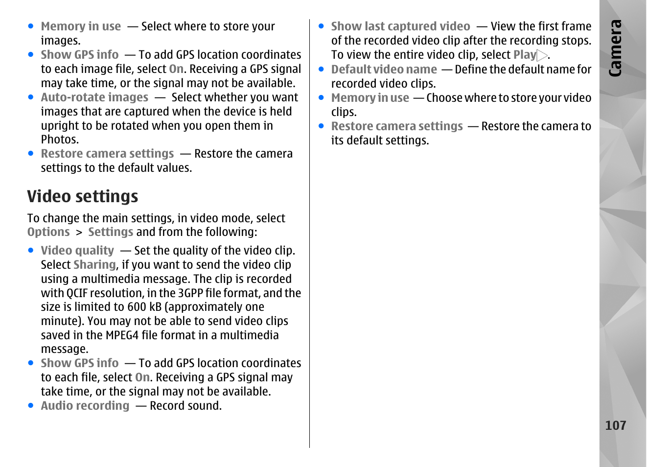 Video settings, Ca mera | Nokia N97 User Manual | Page 107 / 357
