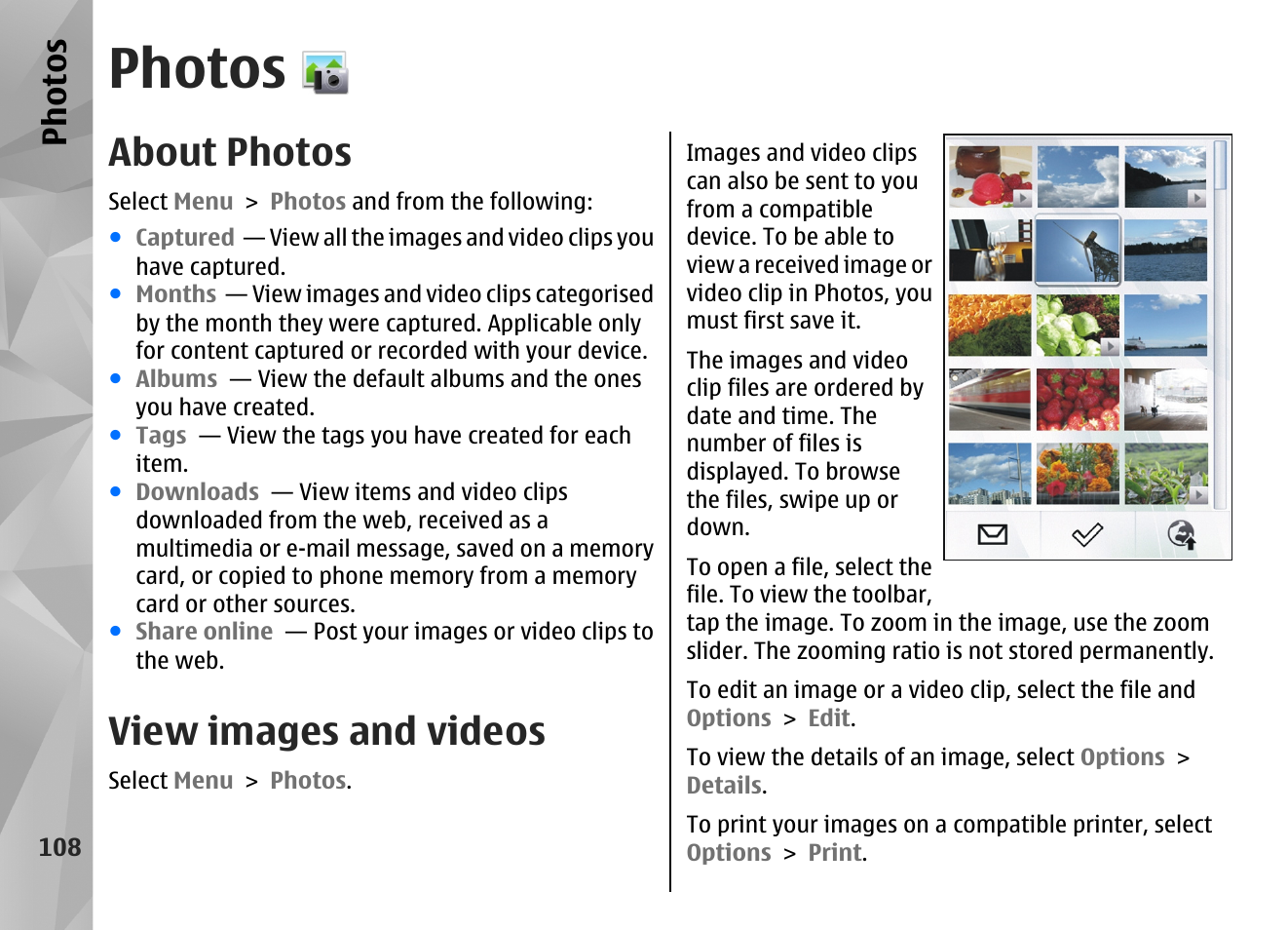 Photos, About photos, View images and videos | Ph ot os | Nokia N97 User Manual | Page 108 / 357