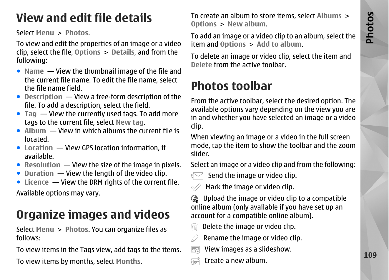 View and edit file details, Organize images and videos, Photos toolbar | Ph ot os | Nokia N97 User Manual | Page 109 / 357