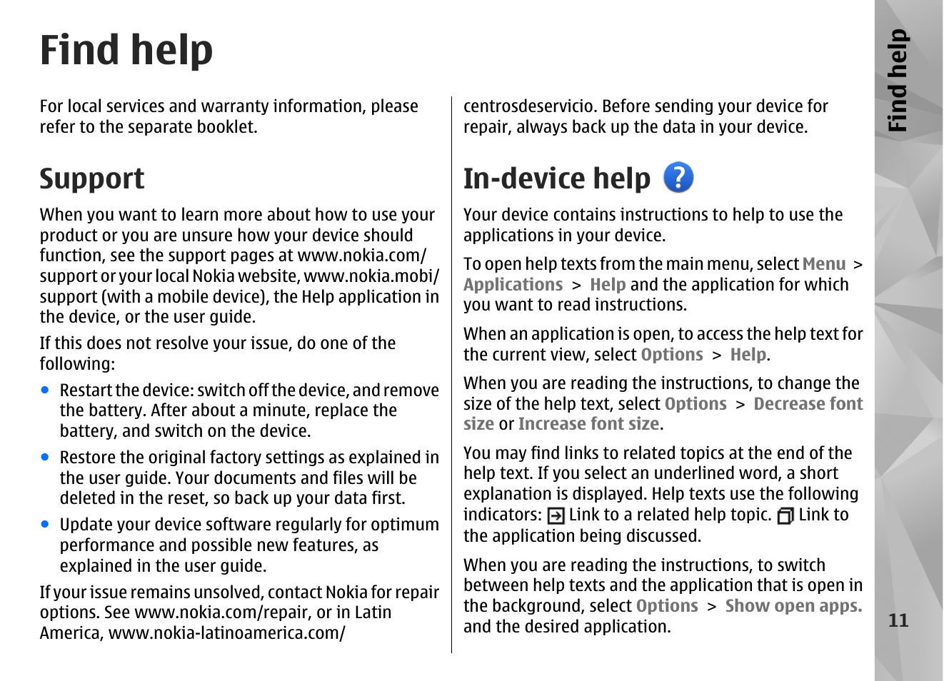 Find help, Support, In-device help | Find hel p | Nokia N97 User Manual | Page 11 / 357