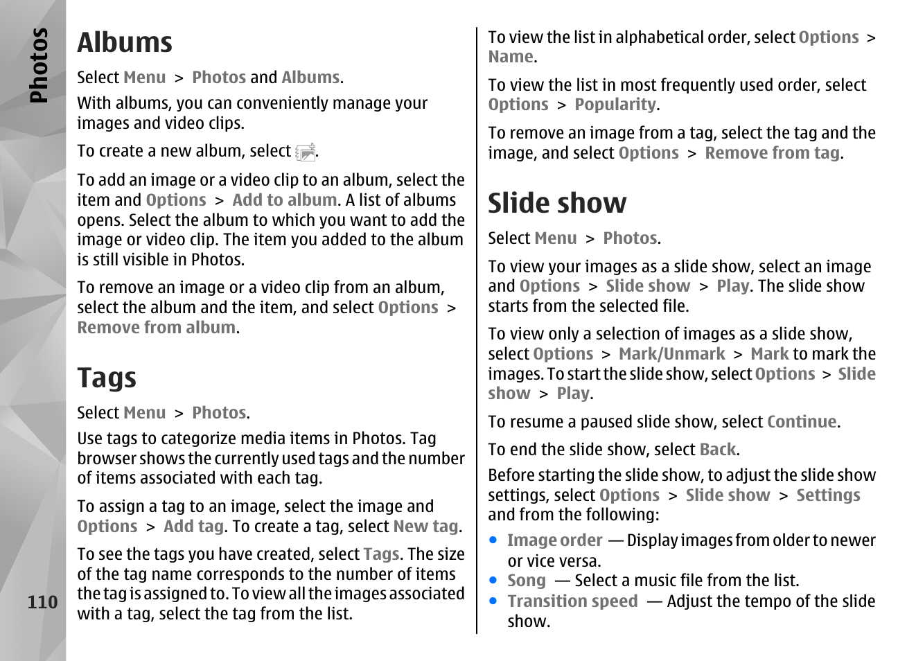 Albums, Tags, Slide show | Ph ot os | Nokia N97 User Manual | Page 110 / 357