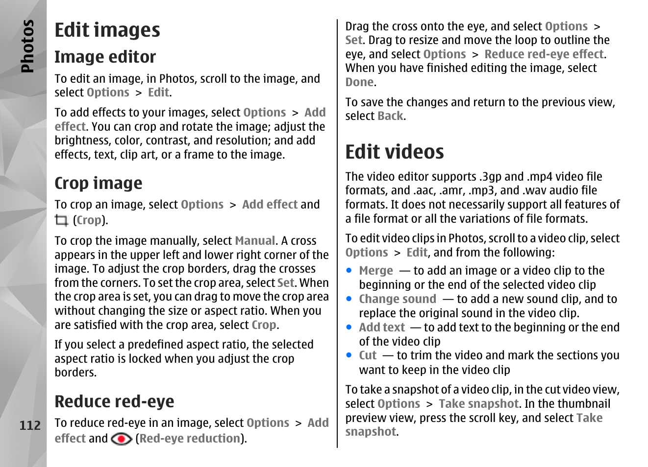 Edit images, Image editor, Crop image | Reduce red-eye, Edit videos, Ph ot os | Nokia N97 User Manual | Page 112 / 357