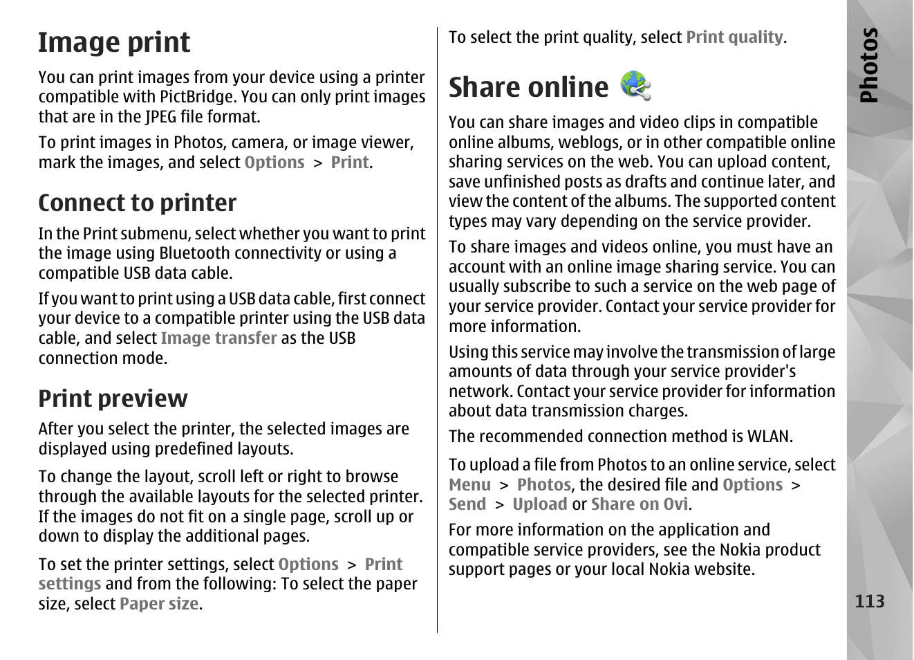 Image print, Connect to printer, Print preview | Share online, Ph ot os | Nokia N97 User Manual | Page 113 / 357