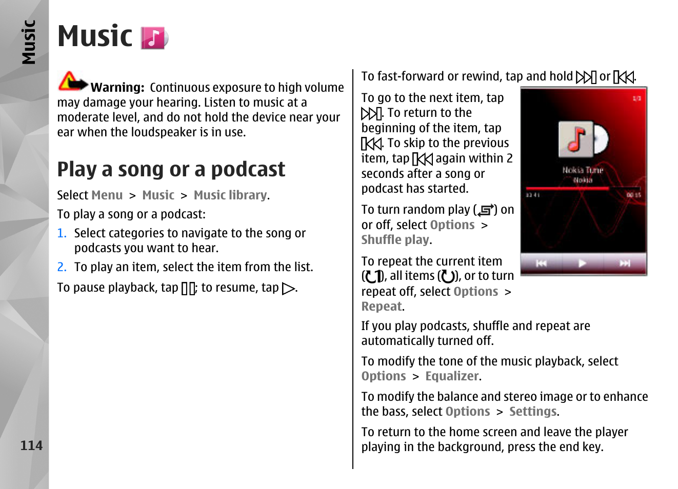 Music, Play a song or a podcast | Nokia N97 User Manual | Page 114 / 357