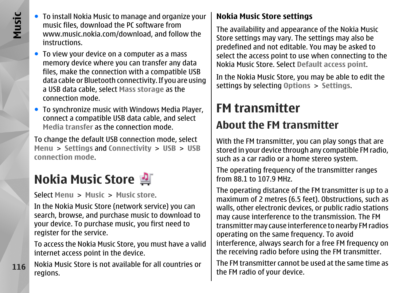 Nokia music store, Fm transmitter, About the fm transmitter | Music | Nokia N97 User Manual | Page 116 / 357