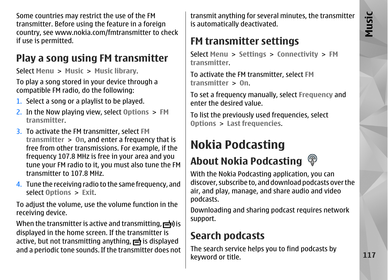 Play a song using fm transmitter, Fm transmitter settings, Nokia podcasting | About nokia podcasting, Search podcasts, Music | Nokia N97 User Manual | Page 117 / 357