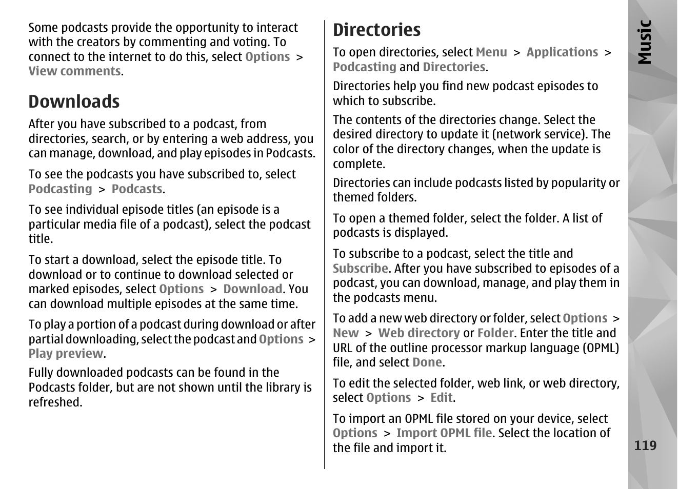 Downloads, Directories, Music | Nokia N97 User Manual | Page 119 / 357