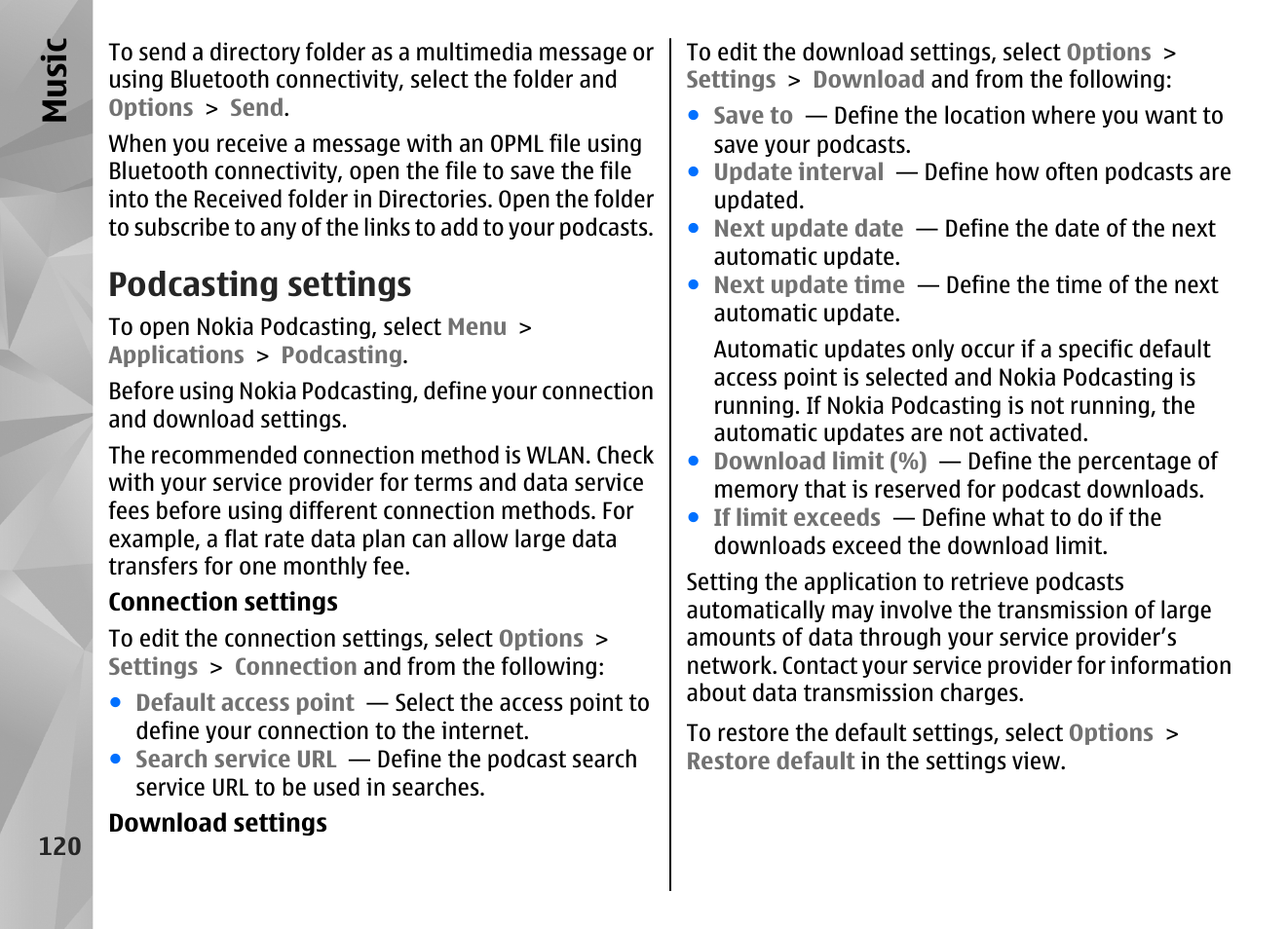 Podcasting settings, Music | Nokia N97 User Manual | Page 120 / 357