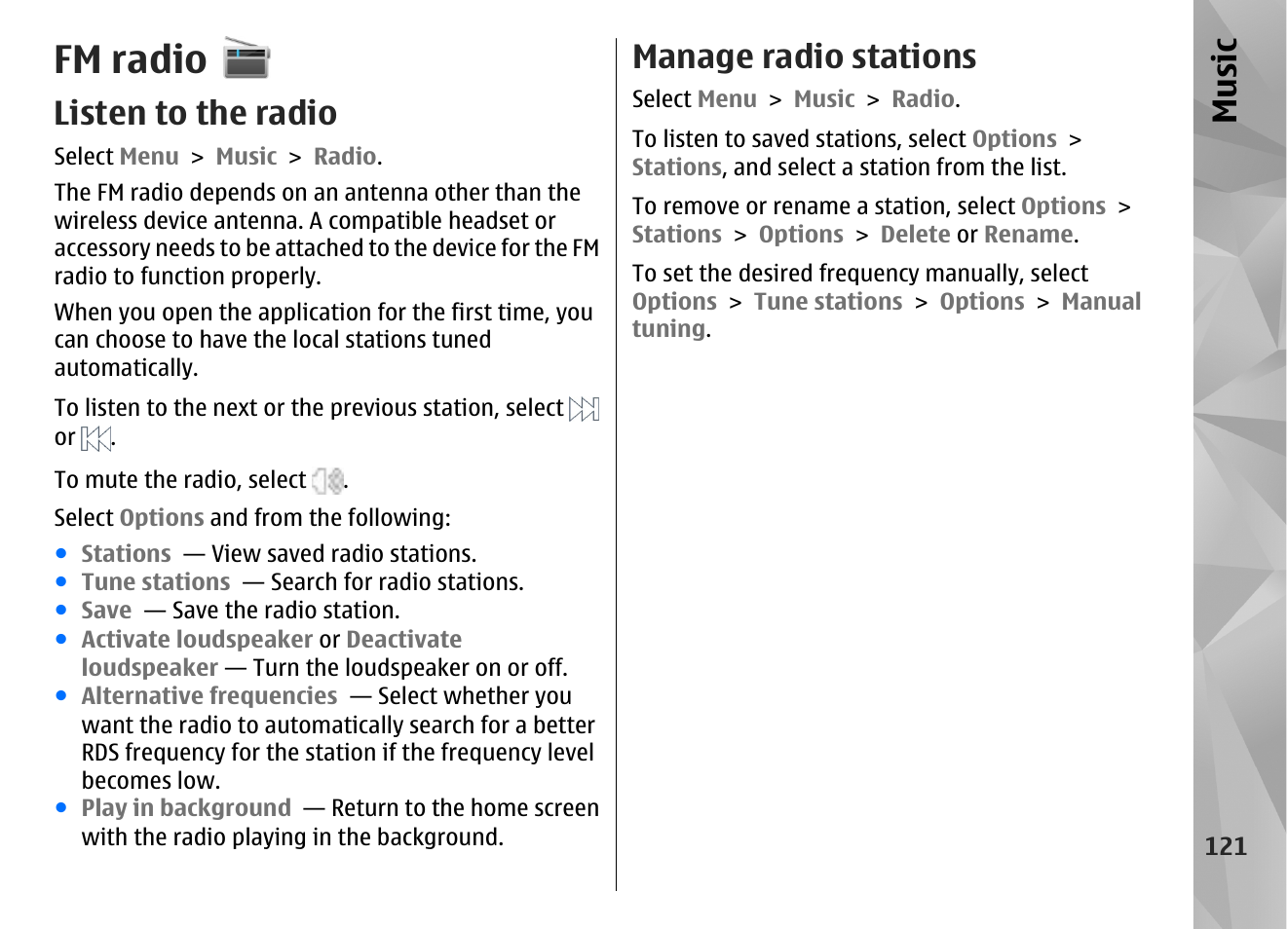 Fm radio, Listen to the radio, Manage radio stations | Music | Nokia N97 User Manual | Page 121 / 357