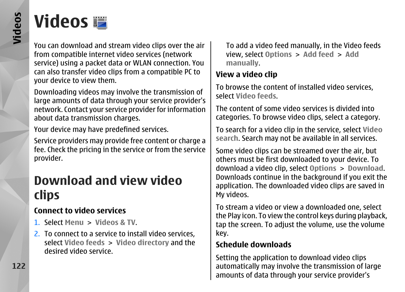 Videos, Download and view video clips, Video s | Nokia N97 User Manual | Page 122 / 357