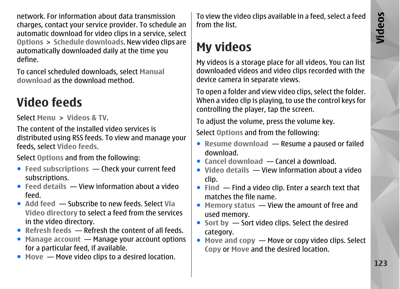 Video feeds, My videos, Video s | Nokia N97 User Manual | Page 123 / 357