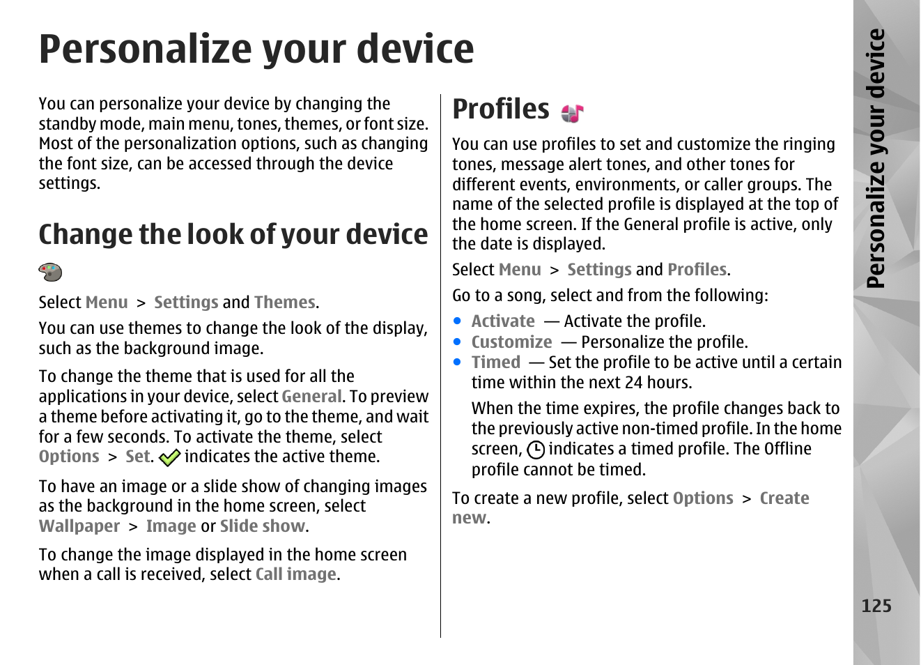 Personalize your device, Change the look of your device, Profiles | Nokia N97 User Manual | Page 125 / 357