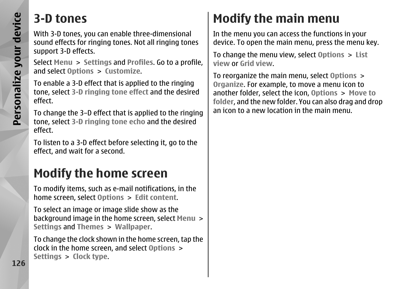 D tones, Modify the home screen, Modify the main menu | Personalize your device | Nokia N97 User Manual | Page 126 / 357