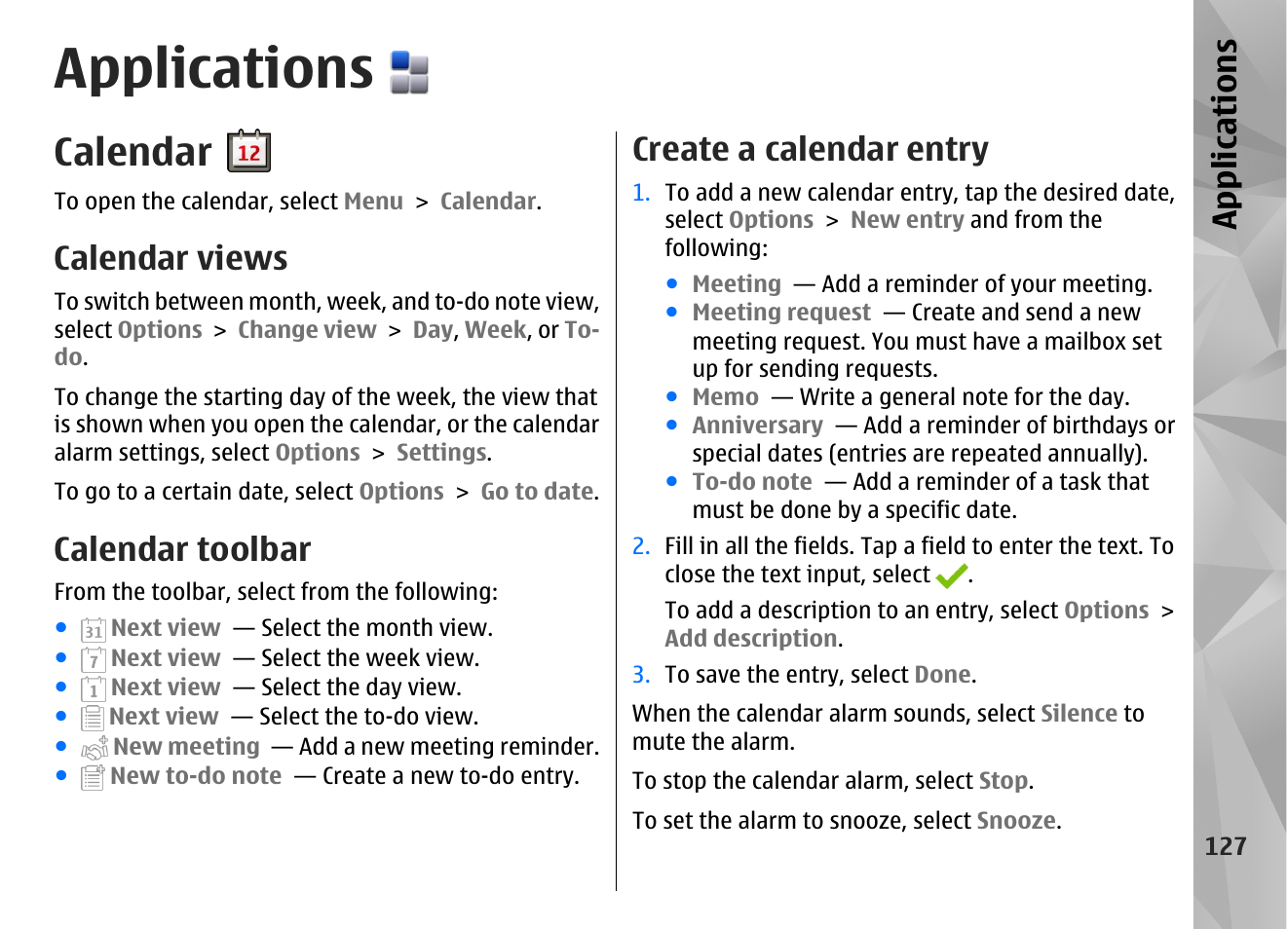 Applications, Calendar, Calendar views | Calendar toolbar, Create a calendar entry, App lication s | Nokia N97 User Manual | Page 127 / 357