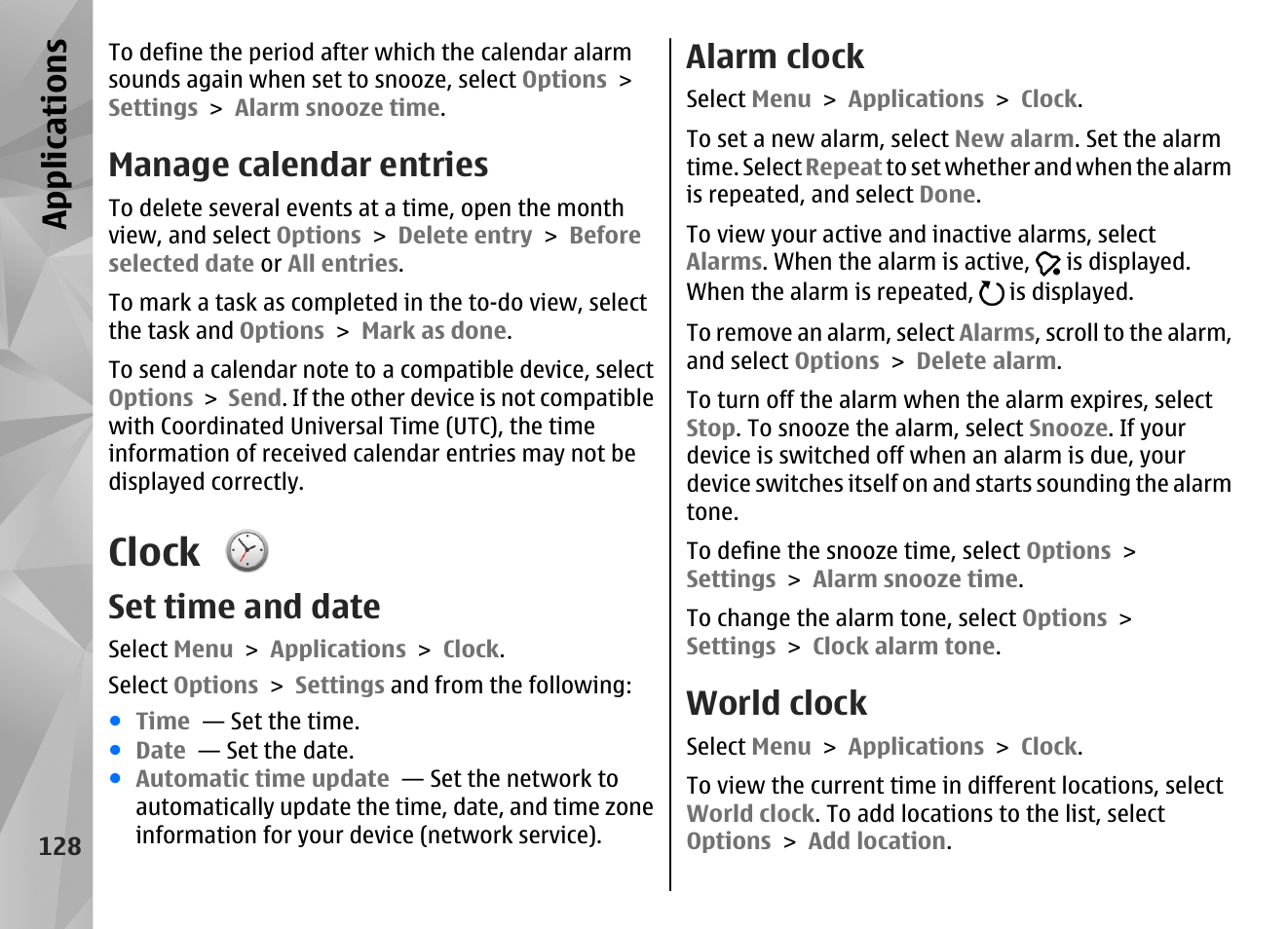 Manage calendar entries, Clock, Set time and date | Alarm clock, World clock, App lication s | Nokia N97 User Manual | Page 128 / 357