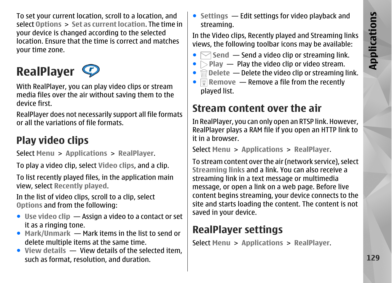 Realplayer, Play video clips, Stream content over the air | Realplayer settings, App lication s | Nokia N97 User Manual | Page 129 / 357