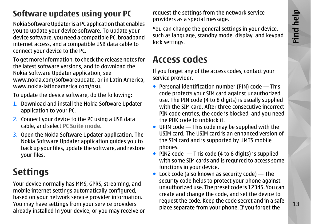 Software updates using your pc, Settings, Access codes | Find hel p | Nokia N97 User Manual | Page 13 / 357