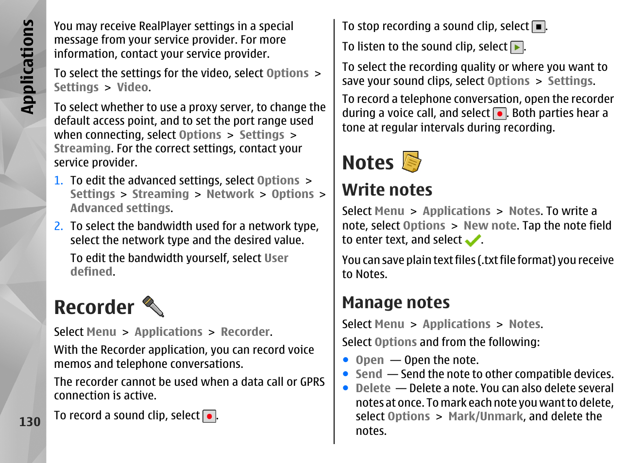 Recorder, Notes, Write notes | Manage notes, App lication s | Nokia N97 User Manual | Page 130 / 357