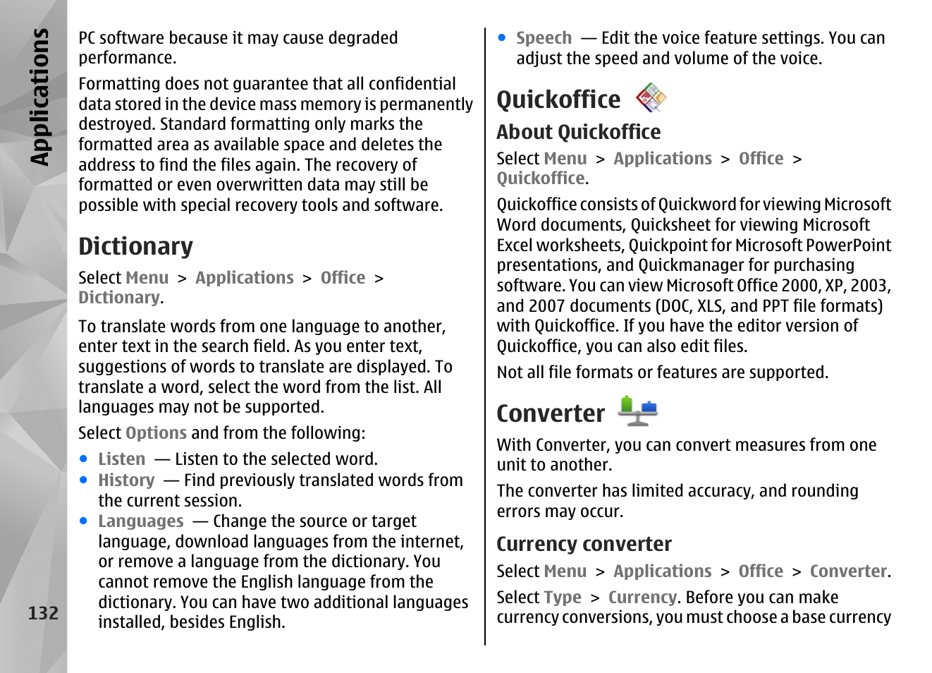 Dictionary, Quickoffice, About quickoffice | Converter, Currency converter, App lication s | Nokia N97 User Manual | Page 132 / 357
