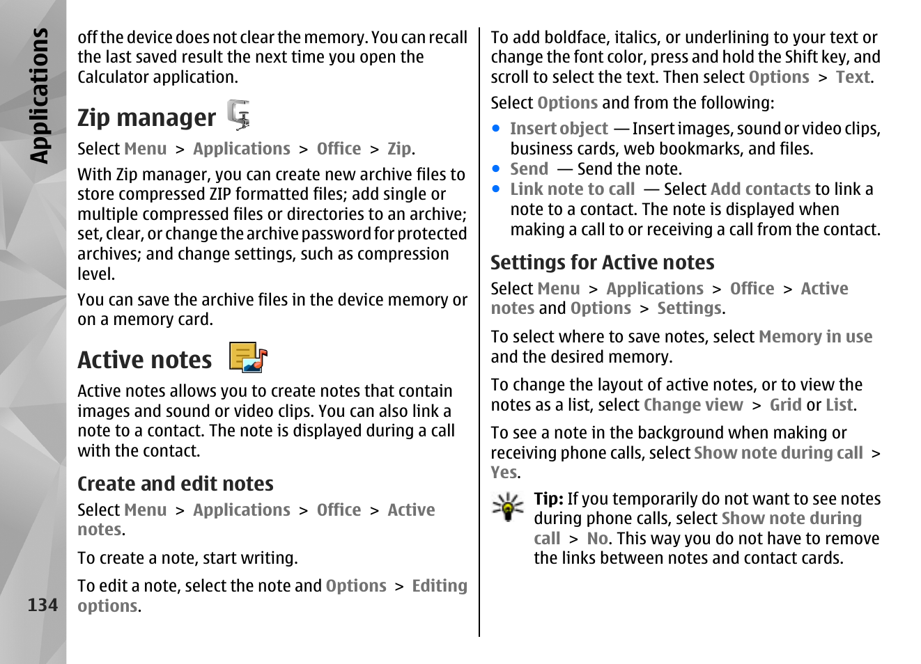 Zip manager, Active notes, Create and edit notes | Settings for active notes, App lication s | Nokia N97 User Manual | Page 134 / 357