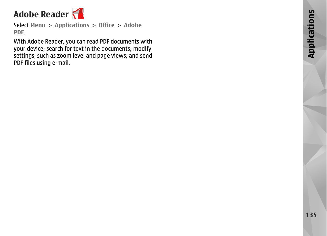 Adobe reader, App lication s | Nokia N97 User Manual | Page 135 / 357