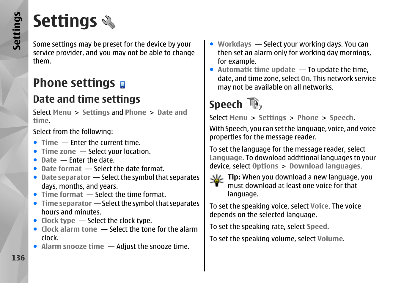 Settings, Phone settings, Date and time settings | Speech, Se ttings | Nokia N97 User Manual | Page 136 / 357