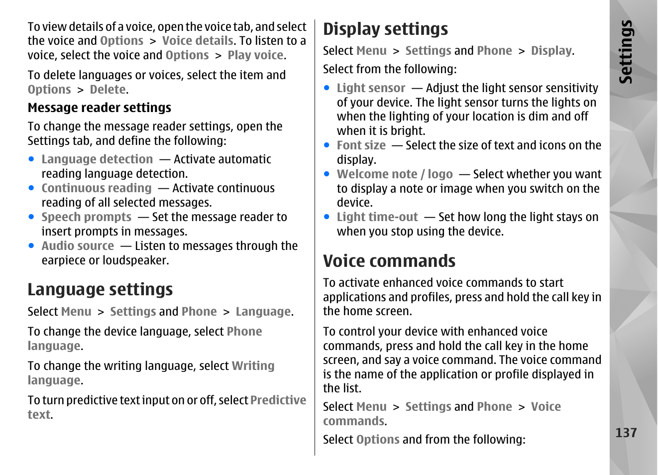 Language settings, Display settings, Voice commands | Se ttings | Nokia N97 User Manual | Page 137 / 357