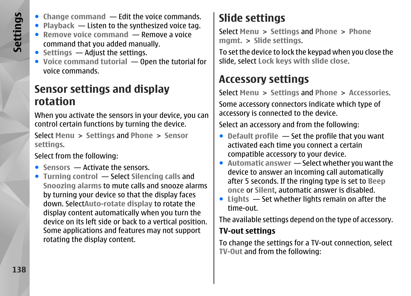 Sensor settings and display rotation, Slide settings, Accessory settings | Se ttings | Nokia N97 User Manual | Page 138 / 357