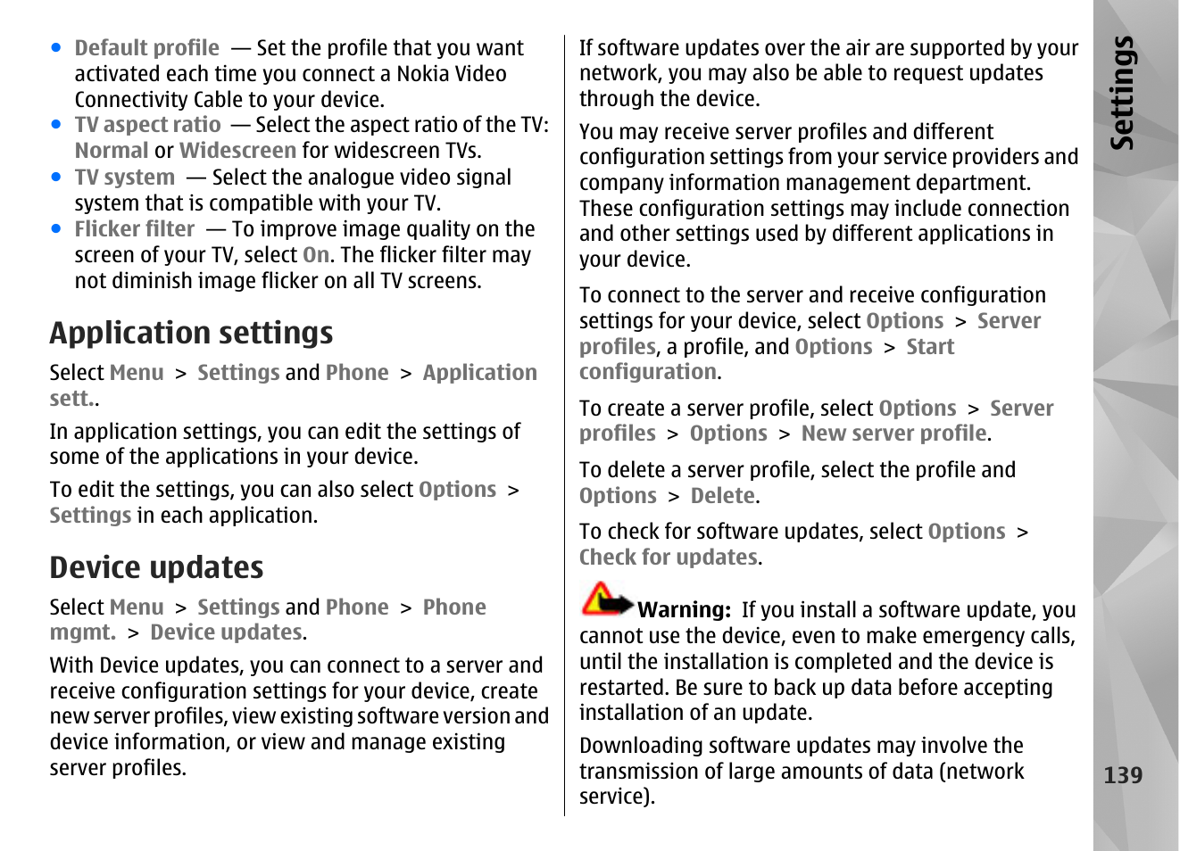 Application settings, Device updates, Se ttings | Nokia N97 User Manual | Page 139 / 357