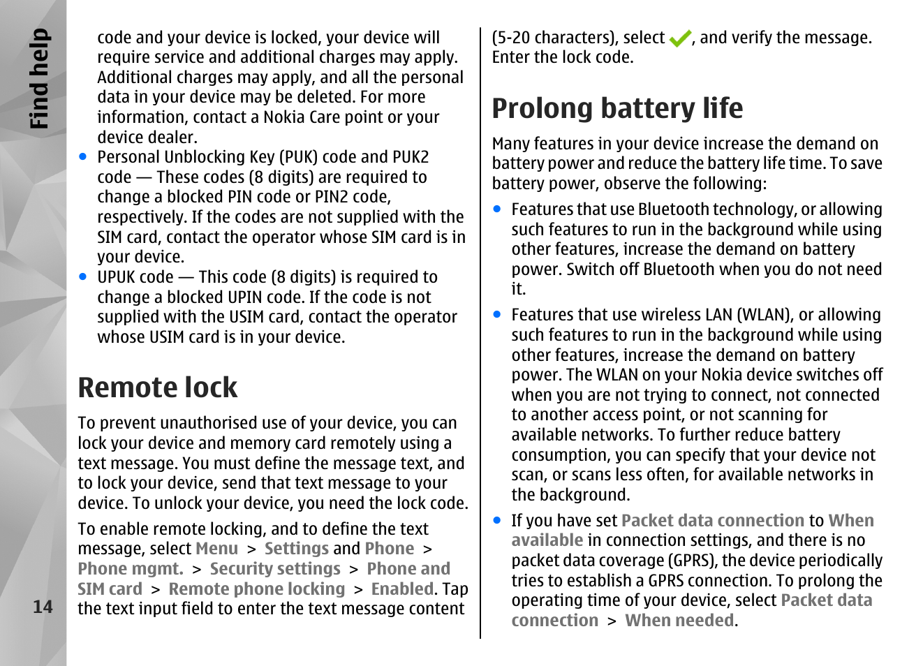 Remote lock, Prolong battery life, Find hel p | Nokia N97 User Manual | Page 14 / 357