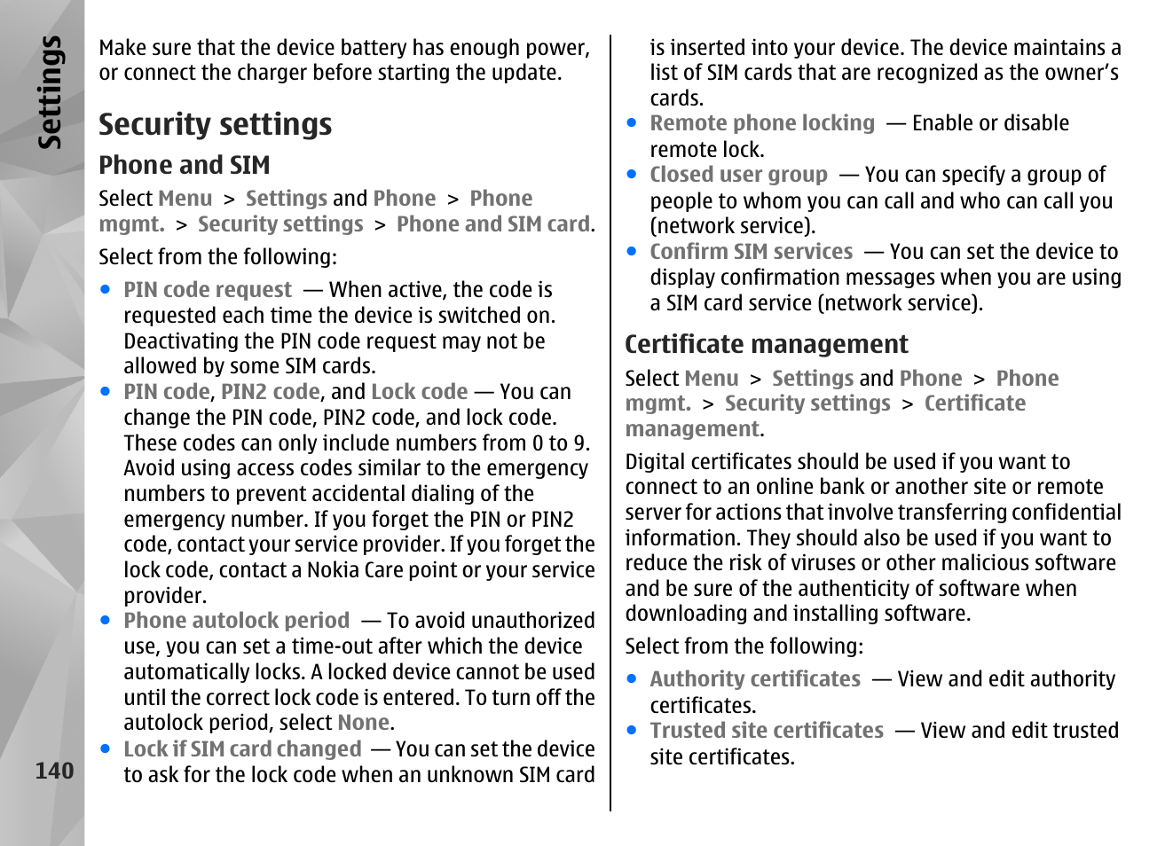 Security settings, Phone and sim, Certificate management | Se ttings | Nokia N97 User Manual | Page 140 / 357