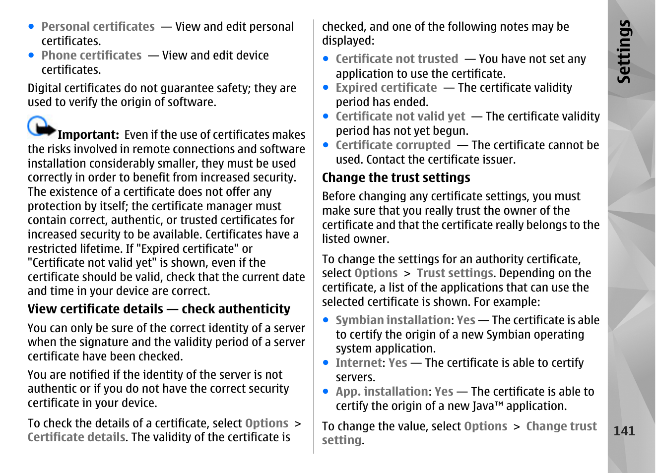 Se ttings | Nokia N97 User Manual | Page 141 / 357