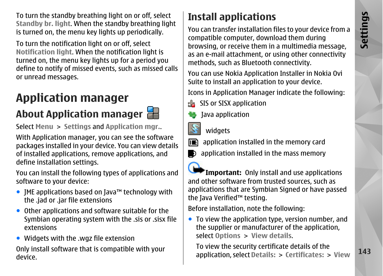 Application manager, About application manager, Install applications | Se ttings | Nokia N97 User Manual | Page 143 / 357