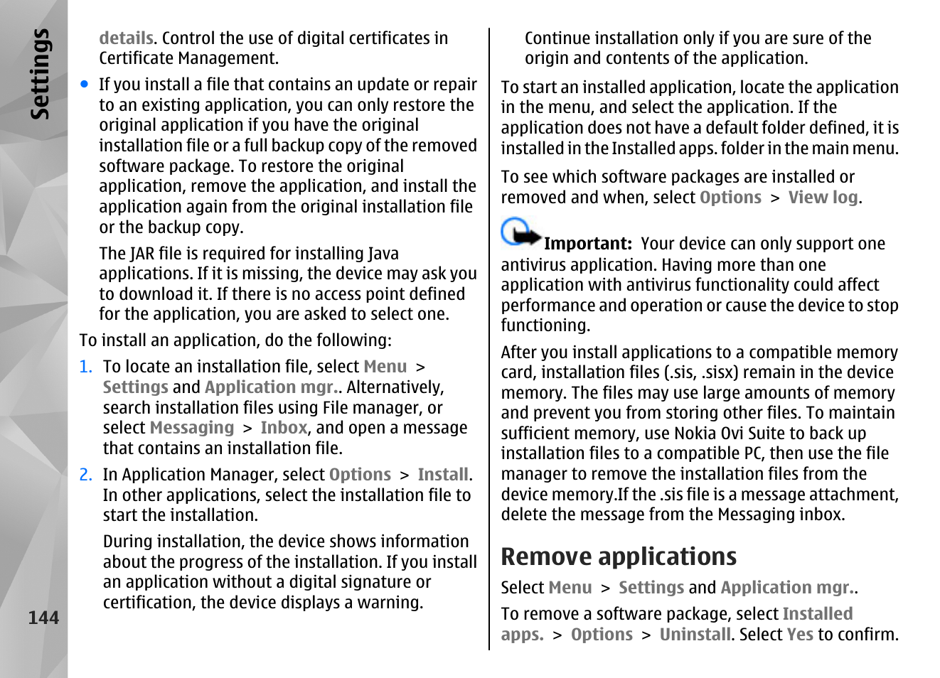 Remove applications, Se ttings | Nokia N97 User Manual | Page 144 / 357