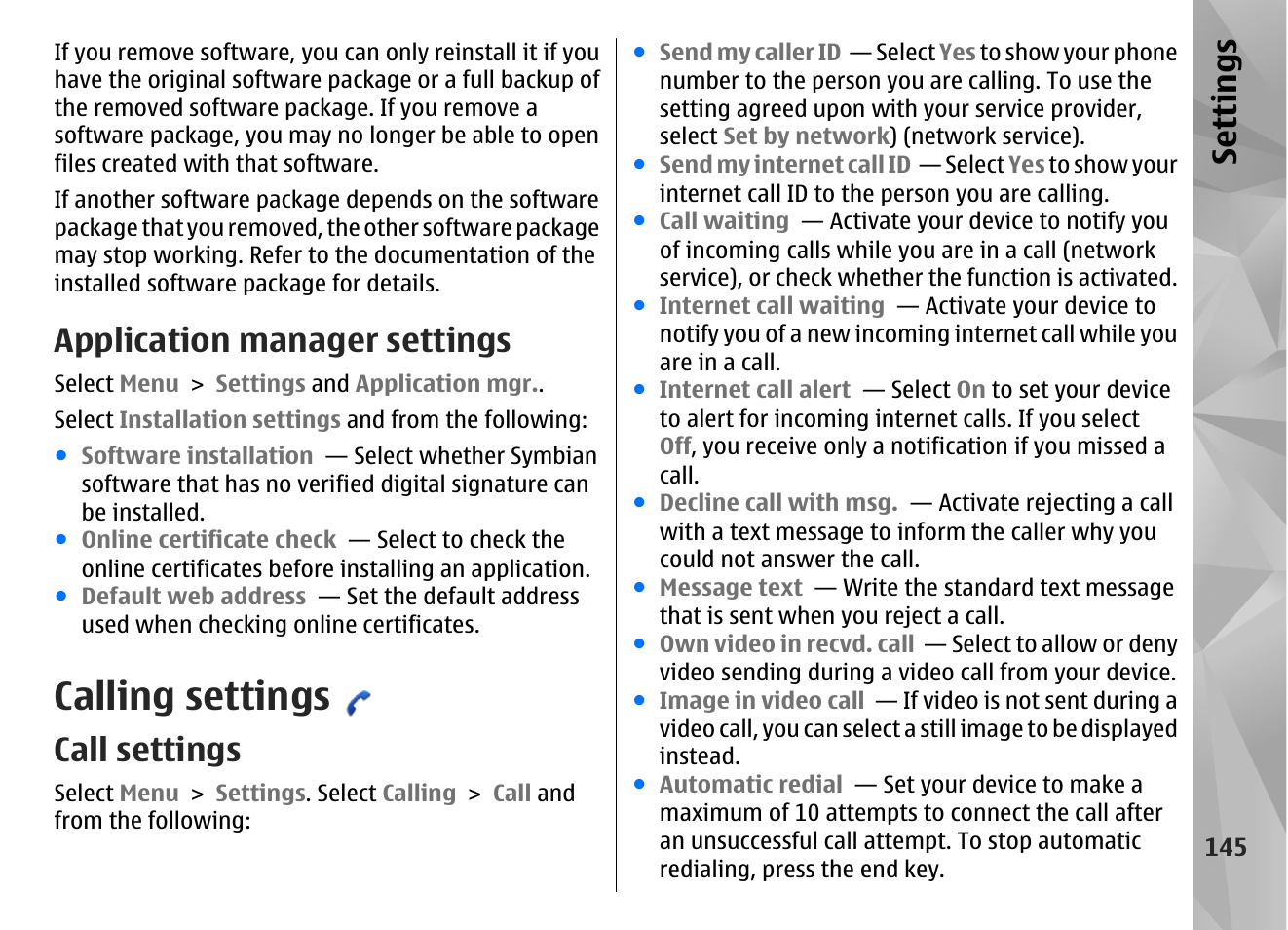Application manager settings, Calling settings, Call settings | Se ttings | Nokia N97 User Manual | Page 145 / 357